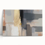 Abstract wall art featuring colorful strokes in shades of blue, pink, and gold on a stretched canvas, leaning against a neutral wall, ideal for modern decor.