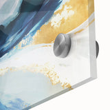 Close-up of vibrant abstract strokes wall art printed on acrylic glass, showcasing a blend of bold colors including blue, orange, and yellow, perfect for modern decor.