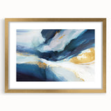 Abstract wall art featuring dynamic gold strokes on a white background, framed elegantly with a mat. Ideal for modern decor, enhancing any living space with sophistication.