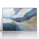 Framed abstract wall art featuring colorful strokes in shades of blue, pink, and gold, set against a sleek white background, perfect for modern home decor.