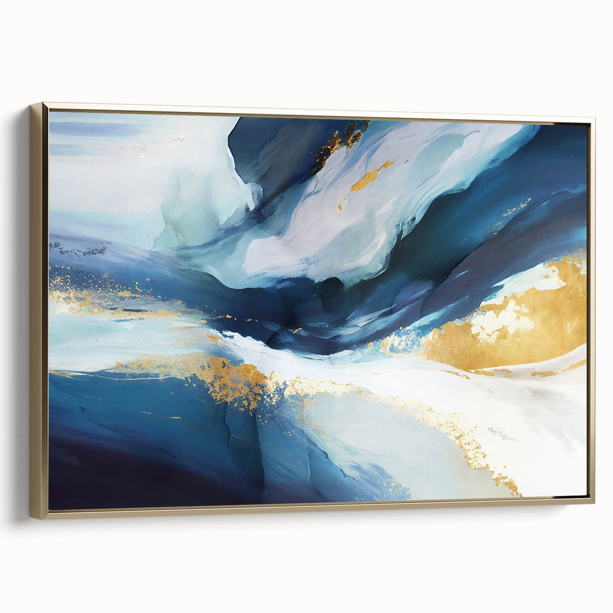 Framed abstract strokes wall art featuring a gold color palette, showcasing dynamic brushwork and modern design, perfect for contemporary home decor.