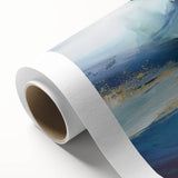 Abstract wall art featuring colorful strokes in shades of blue, orange, and yellow on rolled canvas, ideal for modern home decor and artistic interior design.