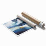 Abstract wall art print showcasing vibrant strokes in shades of blue, orange, and yellow, rolled and ready for framing, perfect for modern home decor.