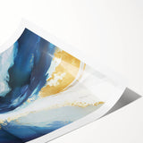 Abstract wall art print showcasing vibrant strokes in shades of blue, orange, and gold, rolled for shipping in a protective tube. Perfect for modern home decor.