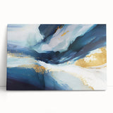 Abstract wall art featuring colorful strokes in vibrant hues of blue, pink, and yellow on stretched canvas, leaning against a neutral wall, adding a modern touch to interior decor.