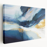 Abstract wall art featuring vibrant strokes in hues of blue, orange, and yellow, displayed on a stretched canvas with a side view showcasing its depth and texture. Perfect for modern decor.