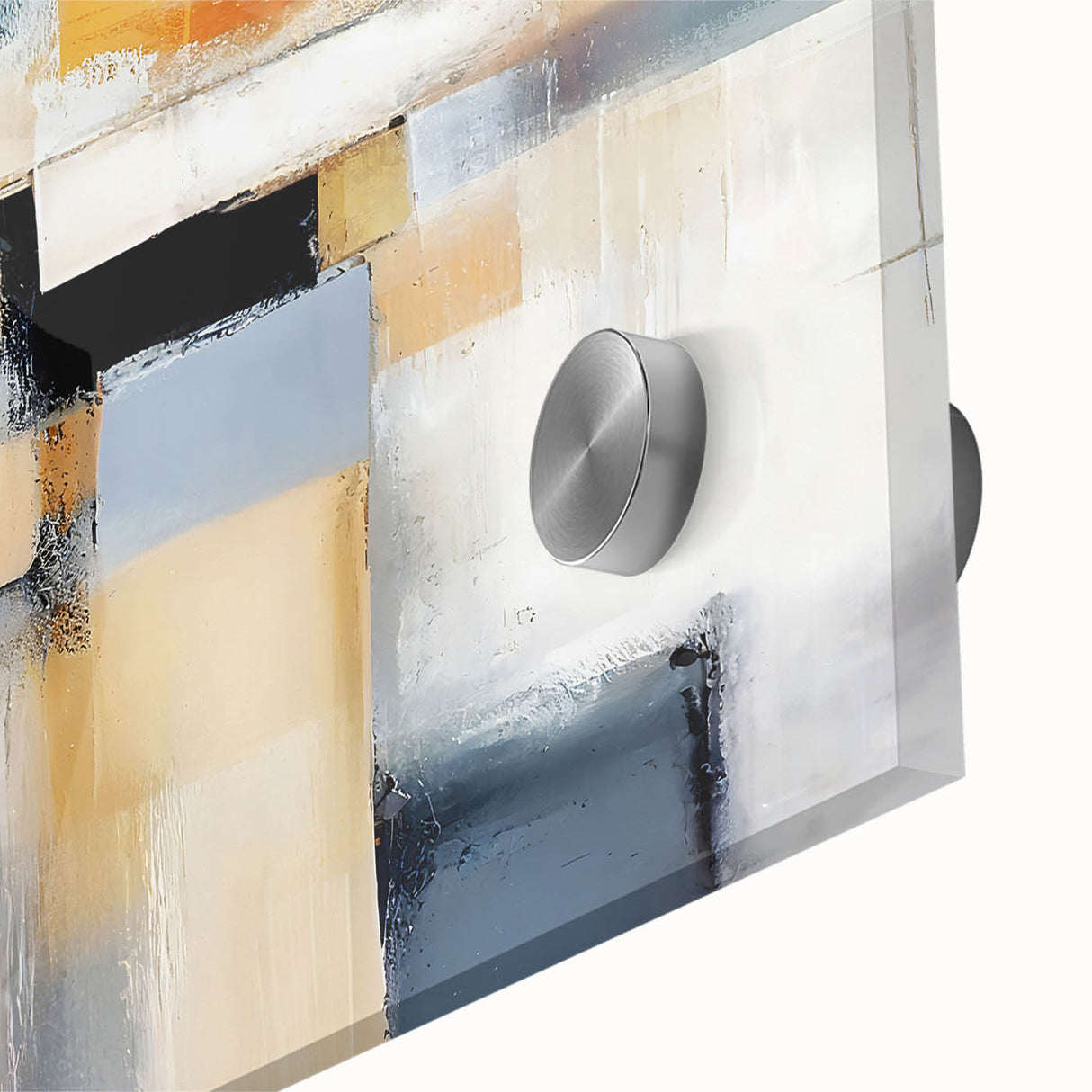Close-up of abstract strokes wall art featuring vibrant blues, greens, and golds on acrylic glass, perfect for modern home decor and artistic interiors.