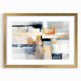 Abstract wall art featuring bold strokes in gold, black, and white, framed with a mat for a modern aesthetic. Ideal for enhancing contemporary decor.