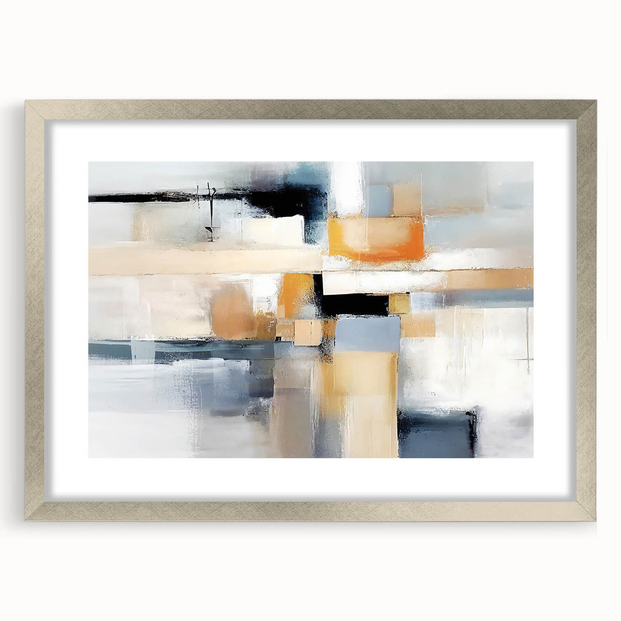 Abstract wall art featuring vibrant strokes in hues of blue, green, and gold, framed in a sleek silver mat, perfect for modern home decor. This design adds a contemporary touch to any living space, enhancing aesthetics with its unique artistic flair.