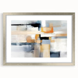 Abstract wall art featuring vibrant strokes in hues of blue, green, and gold, framed in a sleek silver mat, perfect for modern home decor. This design adds a contemporary touch to any living space, enhancing aesthetics with its unique artistic flair.