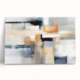 Abstract strokes wall art on stretched canvas in soft pastel colors, leaning against a neutral wall, adding a modern aesthetic to interior decor. Perfect for contemporary living spaces.