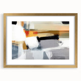 Abstract wall art featuring gold strokes on a white background, elegantly framed with a mat, ideal for modern home decor or office styling, showcasing a minimalist aesthetic.
