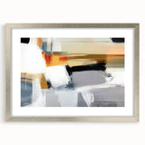 Abstract strokes wall art framed in silver with a mat, showcasing vibrant colors and dynamic patterns, ideal for modern home decor and artistic expression.