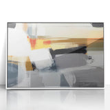 Framed abstract wall art featuring colorful strokes in shades of blue, pink, and gold, elegantly displayed against a white background, perfect for modern decor.