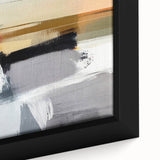 Close-up of a framed abstract strokes wall art canvas, showcasing vibrant colors of blue, gold, and white, perfect for modern home decor. Ideal for adding a contemporary touch to any wall space.