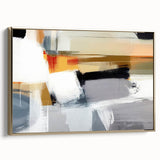 Framed canvas wall art featuring abstract strokes in gold and neutral tones, showcasing a modern design perfect for contemporary home decor. Ideal for living rooms or offices.