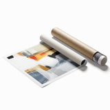 Abstract wall art print featuring vibrant strokes of blue, yellow, and pink on a textured background, perfect for modern home decor. Rolled for easy shipping.