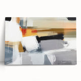 Abstract strokes wall art displayed on a wooden surface, showcasing vibrant colors and fluid patterns, perfect for modern home decor. This stretched canvas adds a contemporary touch to living spaces.