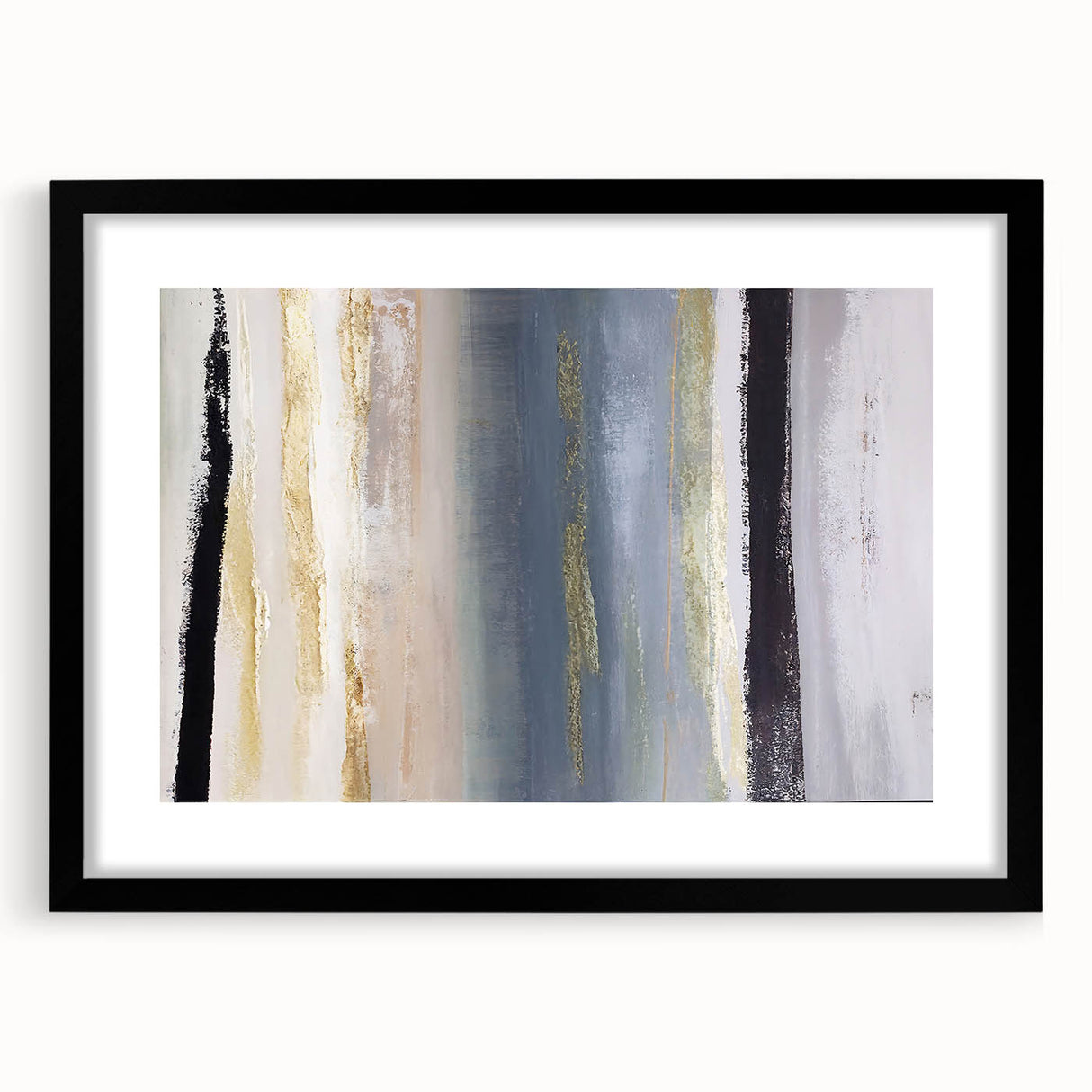 Abstract strokes wall art framed in black, featuring dynamic colors and textures. Ideal for modern decor, enhancing living spaces with artistic flair.