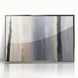 Framed abstract wall art featuring dynamic silver strokes on a white background, perfect for modern home décor, enhancing any living space with elegance.