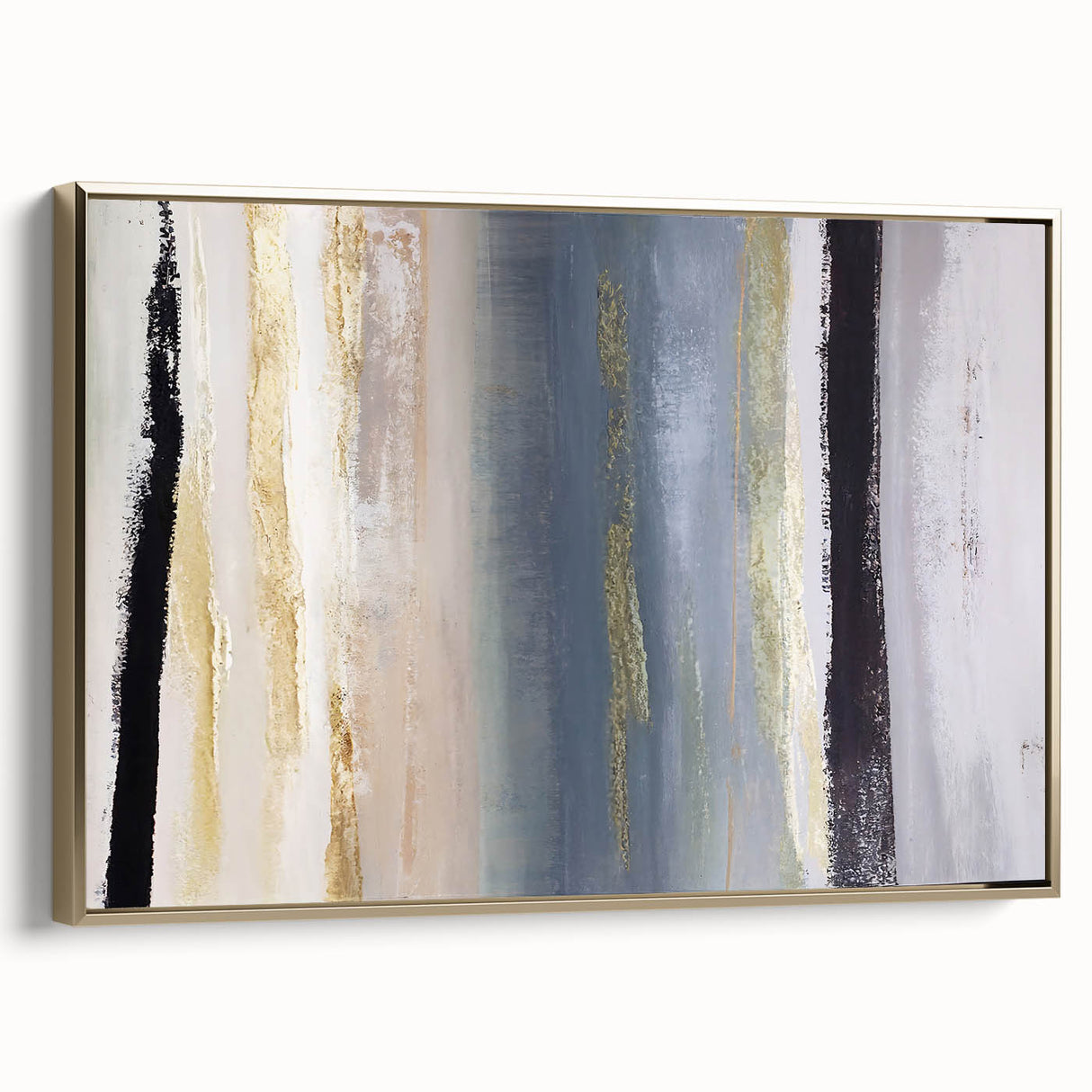 Framed abstract wall art featuring gold strokes on a textured canvas, showcasing a modern design ideal for contemporary home decor. Perfect for adding elegance to living spaces.
