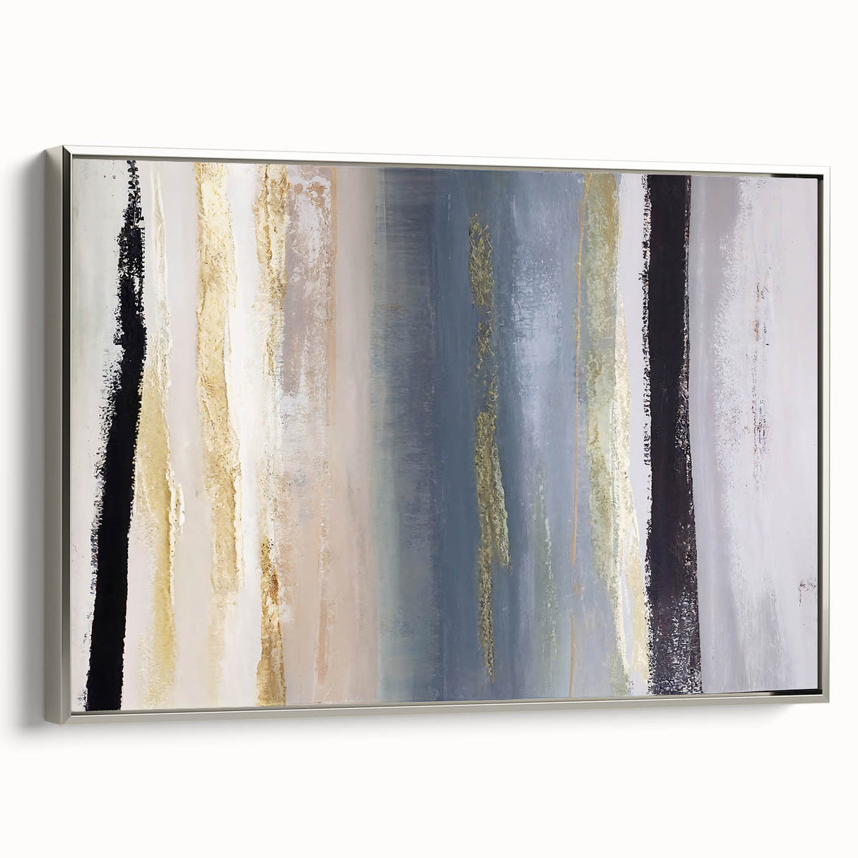 Framed abstract wall art showcasing dynamic silver strokes on a textured canvas, enhancing modern decor with a stylish side view, perfect for contemporary interiors.