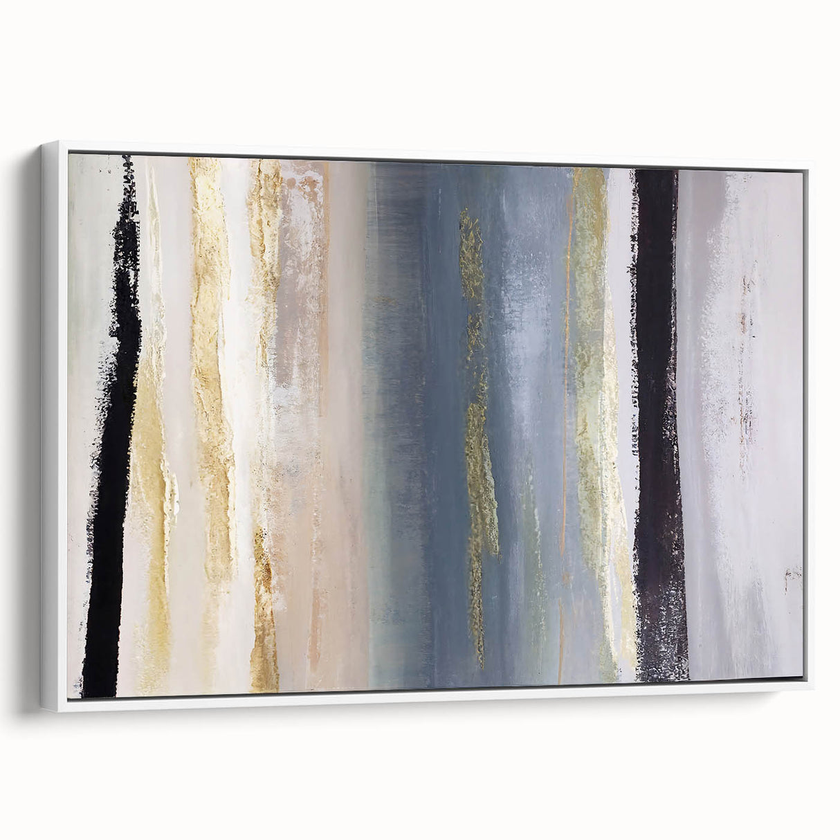 Framed wall art showcasing abstract strokes in soft white and muted tones, perfect for modern decor. The canvas adds elegance to any interior space.