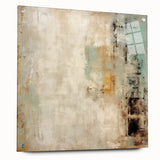 Abstract wall art featuring vibrant strokes in blue, orange, and green acrylic on glass, displayed from a side view with visible mounting pins for a modern aesthetic.