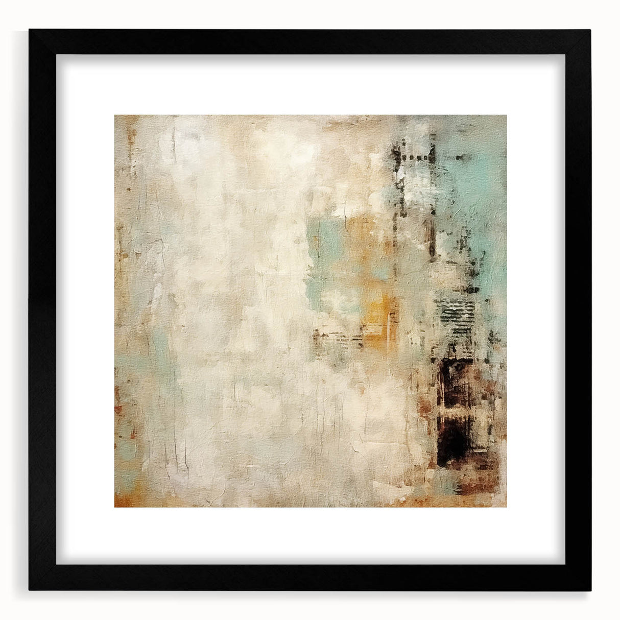 Abstract wall art featuring bold black strokes on a white background, elegantly framed with a mat, ideal for modern home decor. Perfect for adding a contemporary touch to living spaces.