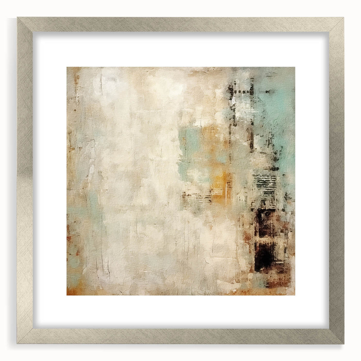 Abstract strokes wall art design framed in silver with a mat, showcasing vibrant colors and dynamic patterns, perfect for modern home decor.