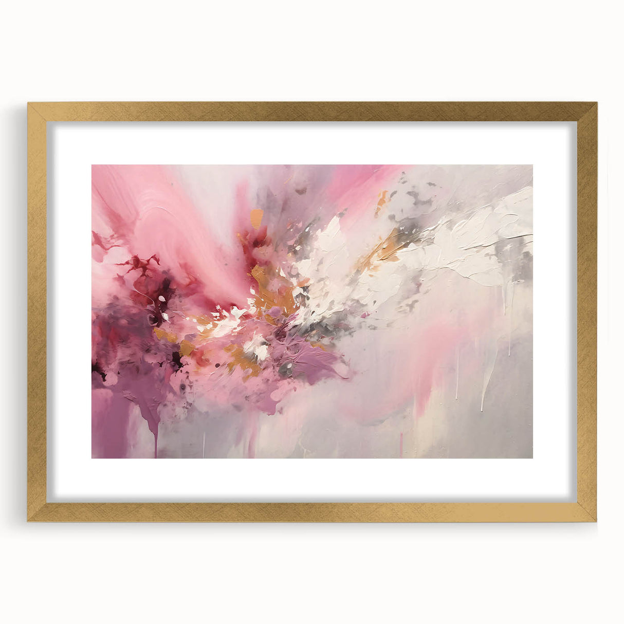 Abstract strokes wall art in a gold frame with a white mat, showcasing vibrant colors and dynamic patterns, ideal for modern home decor and art enthusiasts.