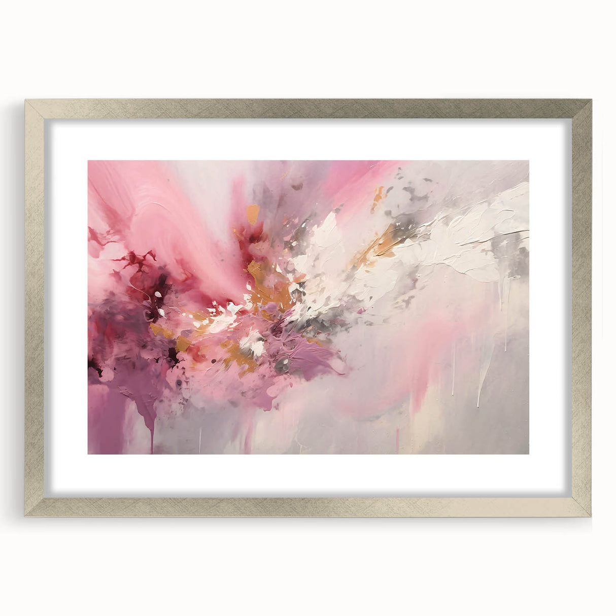 Abstract strokes wall art framed with a silver mat, showcasing a modern design with vibrant blue, gold, and white hues, perfect for contemporary home decor.