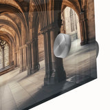 Close-up of an intricate acrylic glass artwork depicting a serene landscape with a majestic castle, showcasing vibrant colors and fine details for a stunning visual impact.