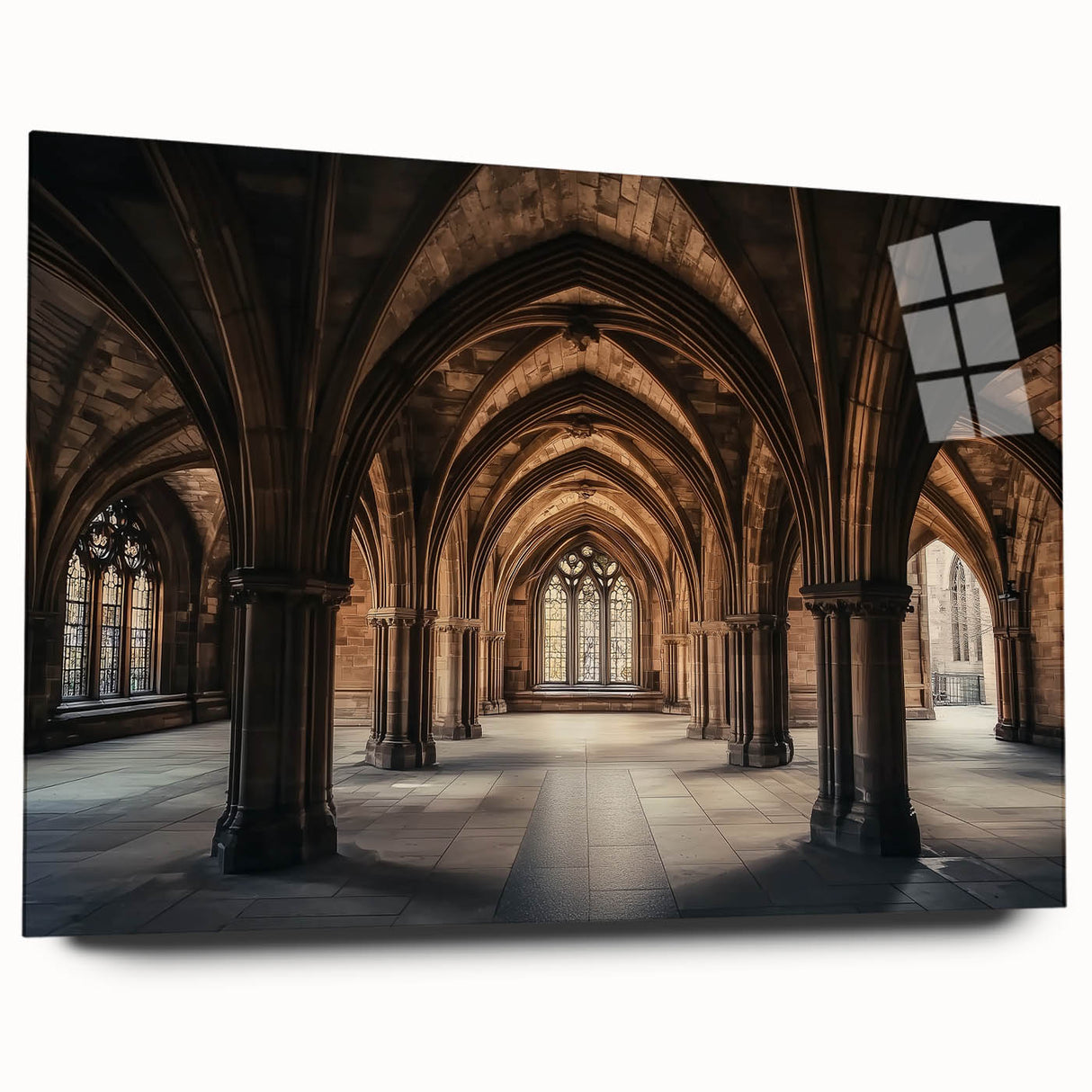 Acrylic glass artwork showcasing a picturesque landscape with a majestic castle, featuring vibrant colors and intricate details, displayed in a sleek side view without pins.