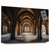Acrylic glass artwork showcasing a picturesque landscape with a majestic castle, featuring vibrant colors and intricate details, displayed in a sleek side view without pins.