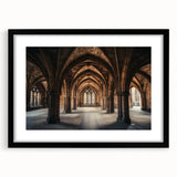 Black-framed landscape artwork showcasing a majestic castle surrounded by lush greenery, elegantly matted for a refined presentation, perfect for home decor.
