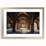 Framed print of a serene landscape featuring a majestic castle, elegantly matted and surrounded by a sleek silver frame, ideal for sophisticated home decor.