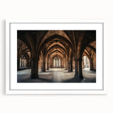 Elegant white-framed landscape artwork depicting a majestic castle surrounded by lush greenery, featuring a white mat for added sophistication, ideal for home decor. This enchanting piece enhances any living space with its timeless beauty and serene atmosphere.