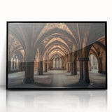 Framed acrylic artwork showcasing a stunning landscape with a medieval castle, highlighted by a sleek black frame, ideal for enhancing home decor.