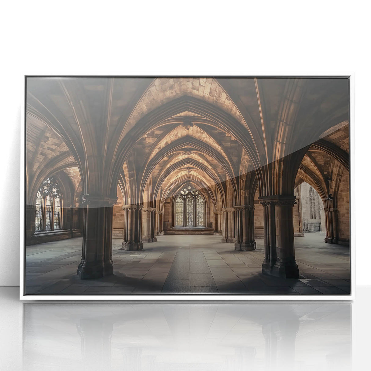 Framed acrylic print of a serene landscape featuring a majestic castle surrounded by lush greenery, set against a clear blue sky; elegant white frame enhances its charm.