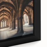 Close-up of a beautifully framed canvas artwork depicting a serene landscape with a majestic castle, featuring vibrant colors and intricate details on the textured surface, ideal for home decor.