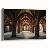 Framed canvas artwork depicting a serene landscape with a castle, showcased from a silver side view, perfect for home or office decor.