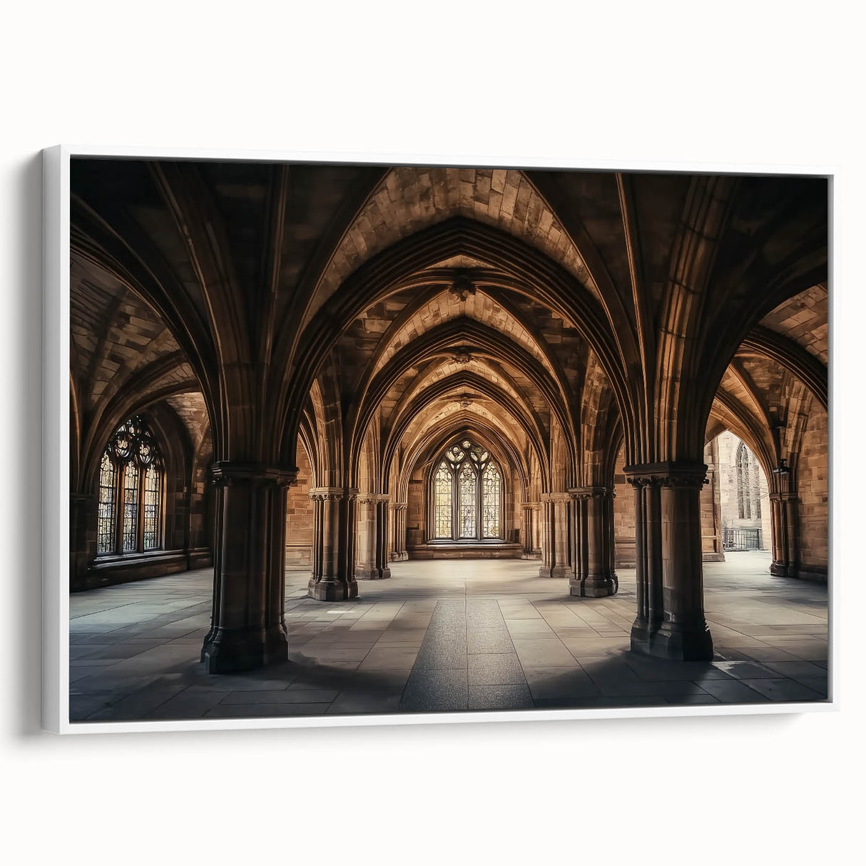 Framed canvas artwork depicting a serene landscape with a majestic castle, set against a vibrant sunset. The piece features a white frame, enhancing its elegance and making it ideal for home decor.