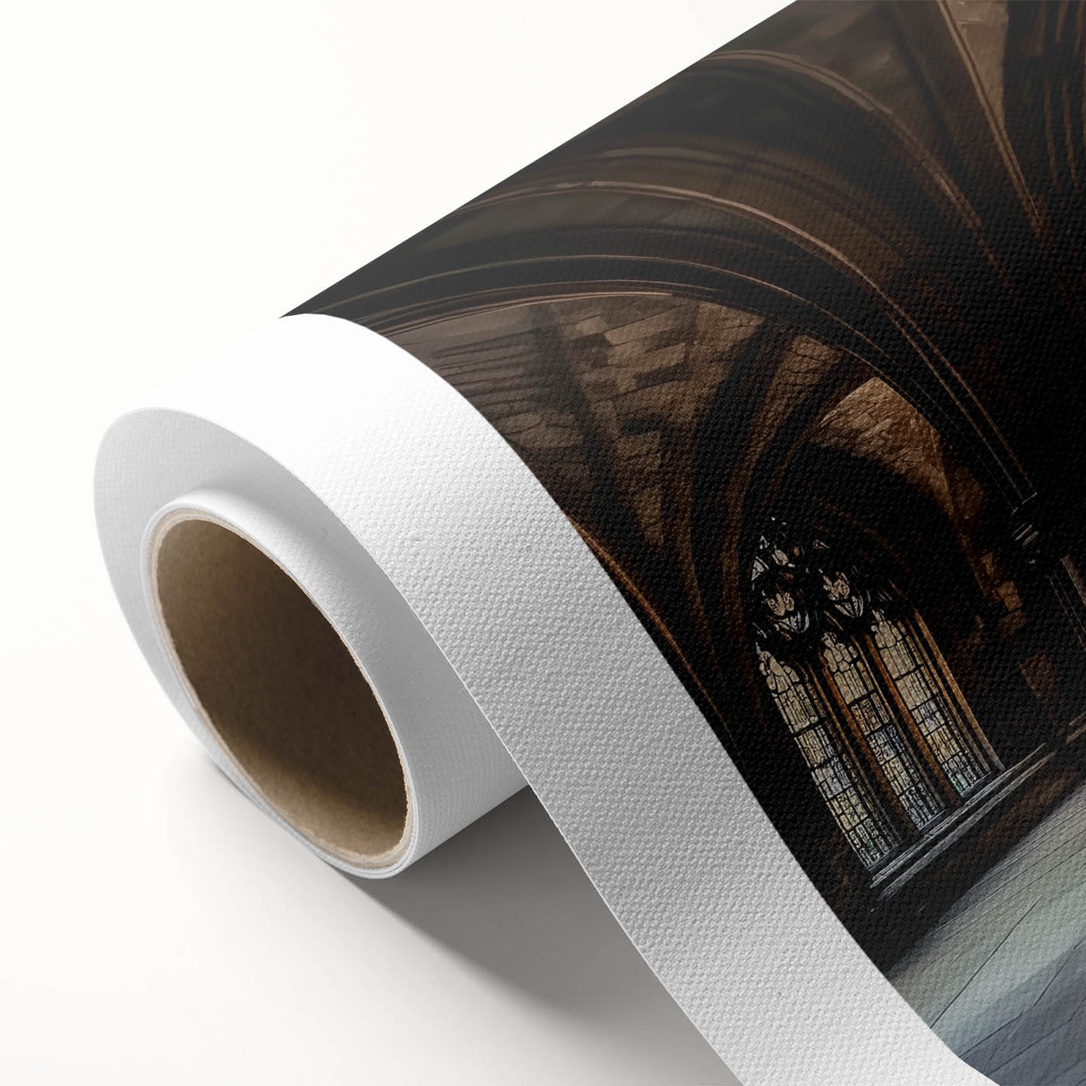 Scenic rolled canvas artwork depicting a serene landscape with a majestic castle, featuring vivid colors and fine details, ideal for home decor or art enthusiasts.