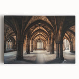 Stretched canvas artwork depicting a scenic landscape with a majestic castle, vibrant greenery, and a clear blue sky, perfect for home decor enthusiasts and art lovers.