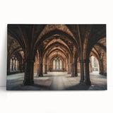 Stretched canvas artwork depicting a serene landscape with a majestic castle, featuring vibrant colors and intricate details, perfect for home decor.