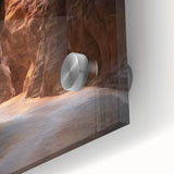 Close-up of a vibrant acrylic landscape artwork depicting intricate cave formations, showcasing rich colors and textures, ideal for modern home decor.