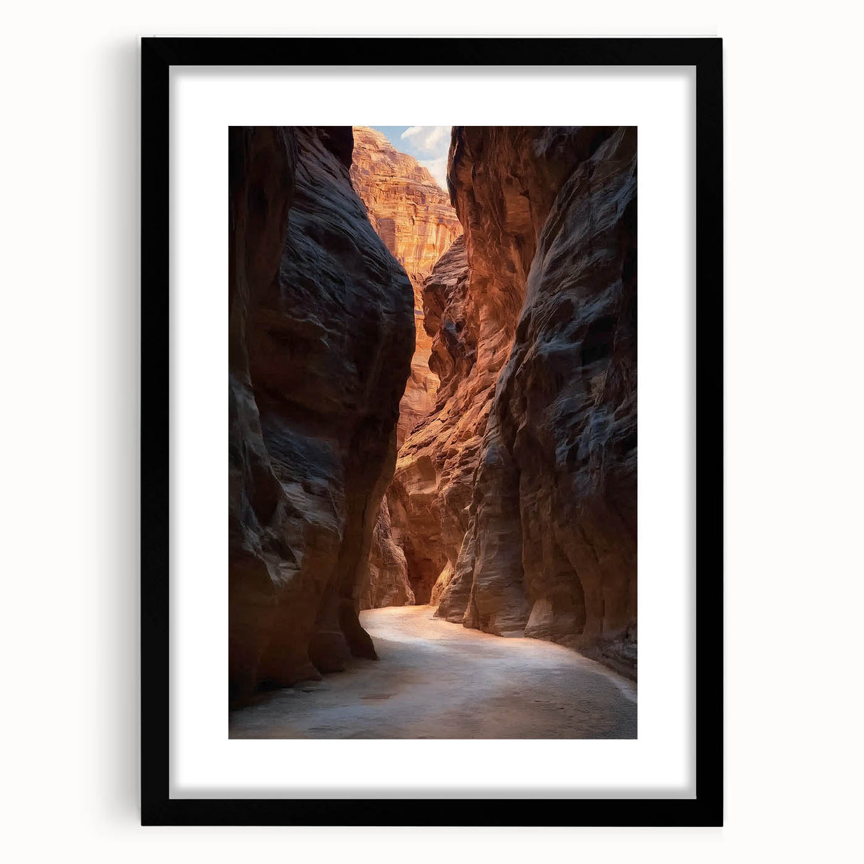 Framed landscape artwork depicting a serene cave scene, featuring rich earthy tones and a sleek black mat, perfect for enhancing modern home decor.