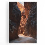 Vibrant stretched canvas artwork depicting a serene landscape with caves, showcasing earthy tones and intricate details, perfect for home decor.