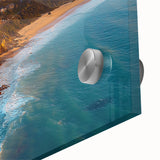 Close-up view of an acrylic landscape artwork depicting vibrant cliffs and serene skies, showcasing intricate textures and a captivating color palette. Ideal for modern decor.